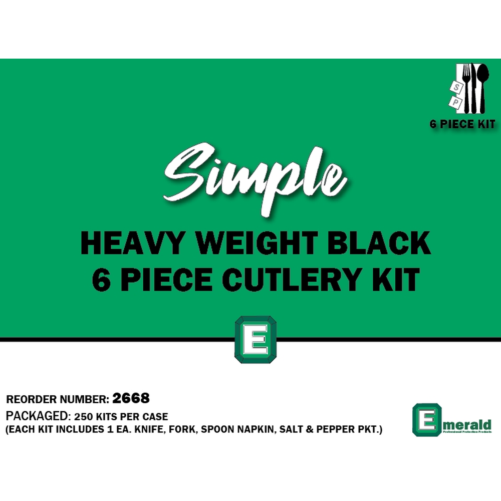 6 Piece Cutlery Kit - Heavy Weight Black, Knife, 250/Pk